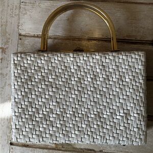 Elegant White Woven Handbag with Gold Accents